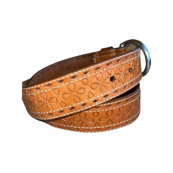 Lauren Ralph Lauren Tooled Brown Leather Belt Flower‎ Pattern Women SZ L 9101304 - Picture 3 of 16